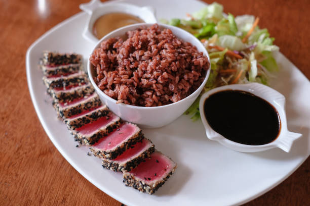 Sesame Crusted Rare Tuna on Wooden Table in Zihuatanejo, Guerrero, Mexico