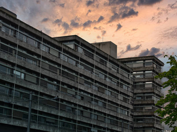 istock A facade of an old concrete office building at sunset 2168305670