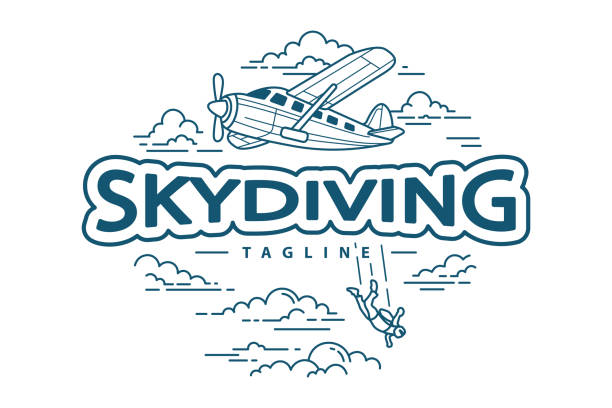 A line art depicting a skydiver jumping from an airplane with clouds and the word 
