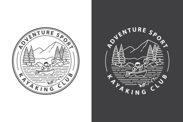 A circular symbol featuring a person kayaking on a lake surrounded by trees and a mountain, with the text 