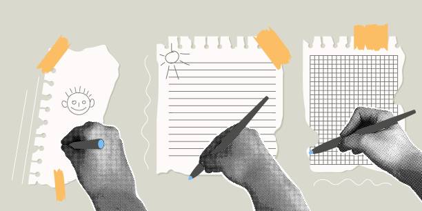 istock Fancy halftone collage. Set of torn sheets of paper, scotch tape and halftone hands with pen. Modern template for design. 2168316452