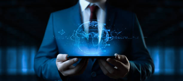 istock Businessman and digital globe. Worldwide communication. Business Internet Technology Concept. Digital Planet Earth Hologram 2168317089