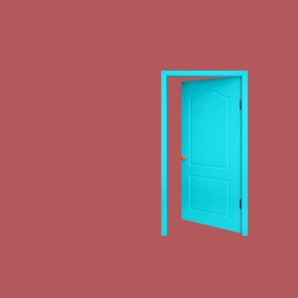 Furniture - Blue inside open door in the orange handle isolated on a red background.