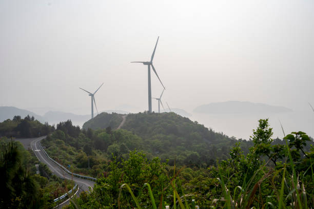 Wind farm next to an island in Zhejiang Province, China