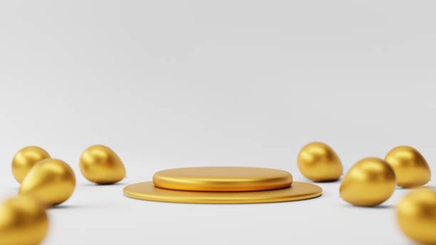 istock Golden empty podium display on white background, gold exhibition soft focus for product showcase. 3d rendering 2168338207