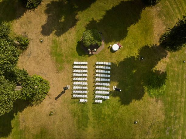 Aerial View wedding ceremony in the garden