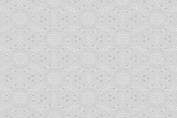 istock Embossed boho white floral background, tribal cover design, banner. Geometric openwork 3D pattern, embossing. Ornaments, handmade. Artistic ethnicity of the East, Asia, India, Mexico, Aztec. 2168340850