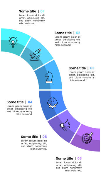 Infographic template. Vertical line with spiral and 6 steps Infographic template with icons and 6 options or steps. Vertical line. Can be used for workflow layout, diagram, banner, webdesign. Vector illustration flowchart infographic vertical stock illustrations