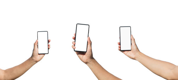 istock Set of Man's hand holding a mobile phone with a blank white screen isolated on white background. White space on a smartphone for inserting text or advertisements. Clipping Path 2168342430