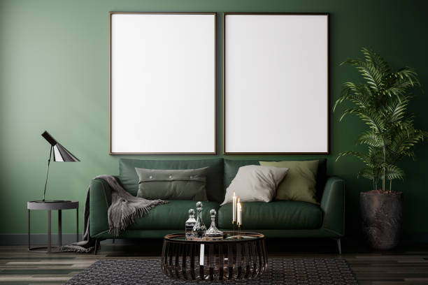 istock Modern style green wall living room with blank picture frame for copy space 3d render 2168345070