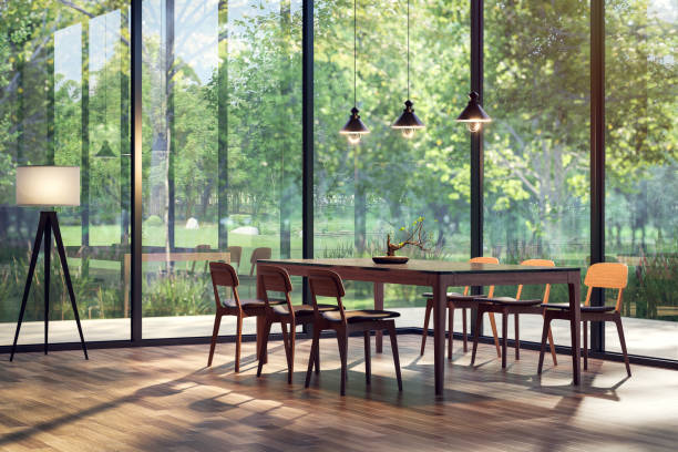 istock Modern contemporary style glass house dining room with nature view 3d render 2168345071