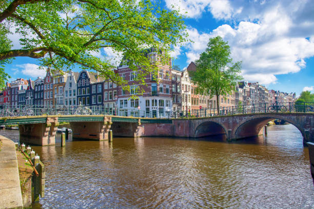Old houses and a bridge over canal in downtown of Amsterdam, Netherlands