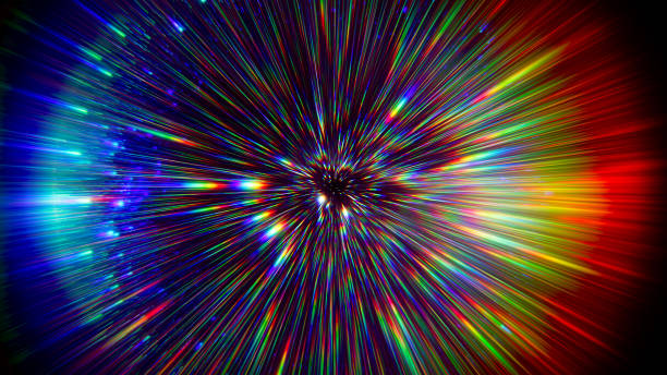 Cosmic hyperspace jump at speed of light. Colorful rainbow glowing light rays inside the infinite tunnel. Time warp. Teleport. Interstellar travel in space. Big bang. Futuristic technology. 3d render