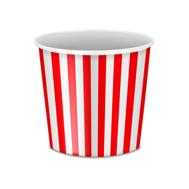 istock Striped red and white paper popcorn bucket. Isolated 3d mockup. Pop corn round paperboard container. Realistic mock-up. Fast food serving tub. Vector template 2168366377