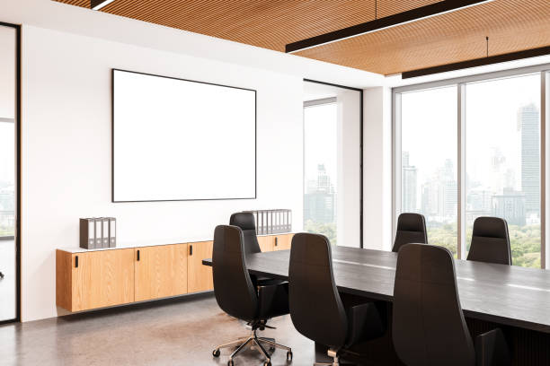 istock Conference interior with meeting table and drawer with window, mockup frame 2168366967