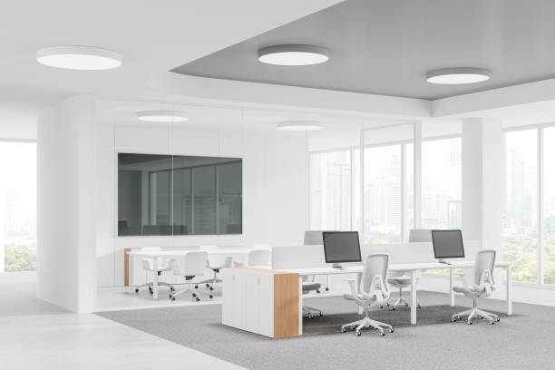istock White office interior with coworking and meeting zones, panoramic window 2168367075