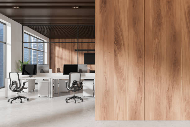 istock Modern office interior with wooden walls and ceilings, light background, concept of workspace design. 3D Rendering 2168367105