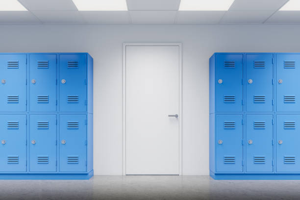 istock School hallway with blue lockers and white door in the center. 3D Rendering 2168367375