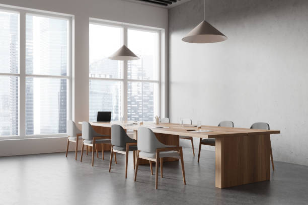 istock Light office meeting room interior with table and chairs, panoramic window 2168368108