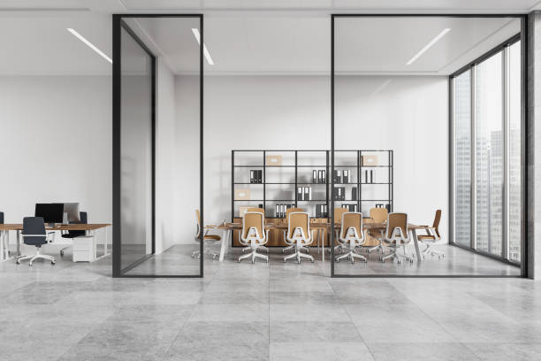 istock Glass office interior with meeting table and coworking zone, panoramic window 2168368332
