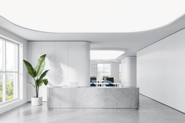 istock Office room interior with reception desk and coworking near panoramic window 2168368511