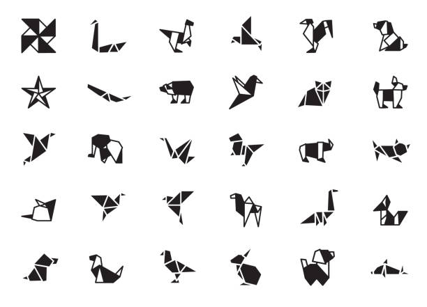 Geometric Animal and Shape Icon Set in Black, Featuring Various Origami Inspired Designs, Vector Illustration A set of black icons featuring geometric, origami-inspired designs of animals and simple shapes. The icons include representations of birds, dogs, bears, and more, offering a minimalist and abstract aesthetic for various design projects. Vector illustration. cat origami stock illustrations
