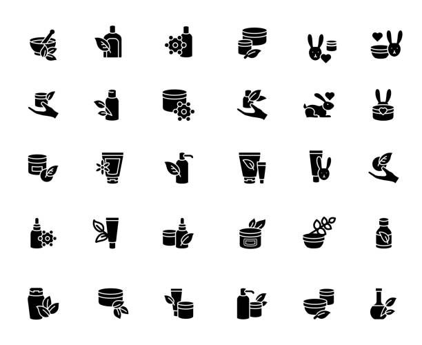 Natural Skincare and Cruelty-Free Cosmetic Icons Set in Black A set of black silhouette icons focused on natural skincare and cruelty-free cosmetics. Includes images of creams, lotions, plant-based ingredients, and cruelty-free symbols like bunnies, ideal for beauty, skincare, and eco-friendly product branding. cosmetic bag clip art stock illustrations