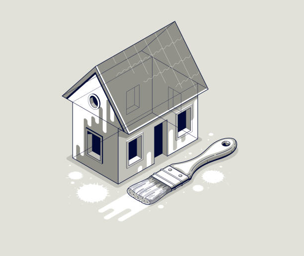 istock Painting house service exterior walls vector 3D isometric illustration, professional worker facade whitewash paint renovation, residential small family house, outside painting building. 2168375848
