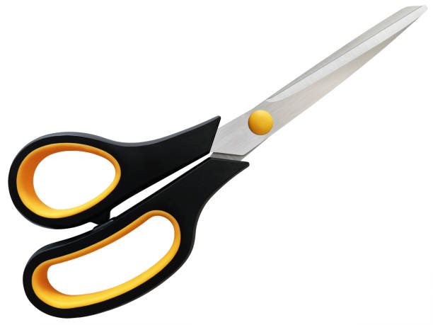 General Purpose Stainless Steel Scissors With Ergonomic Black and Orange Plastic Handles Isolated On White Background High Resolution Stock Image stock photo