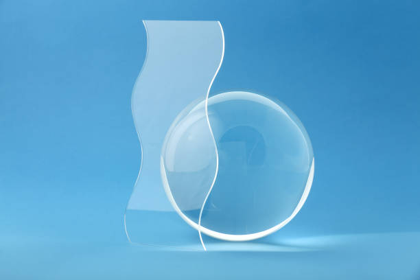 istock Composition with transparent glass ball on blue background 2168382746