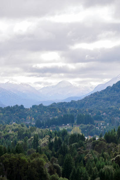 istock Scenic valley with dense forests and snow-covered mountains in the distance, under a cloudy sky. 2168385370