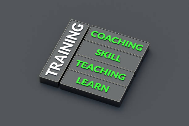 Training inscription on button. Business concept. Improving skills. Consulting staff. Professional development. New knowledge. 3d render