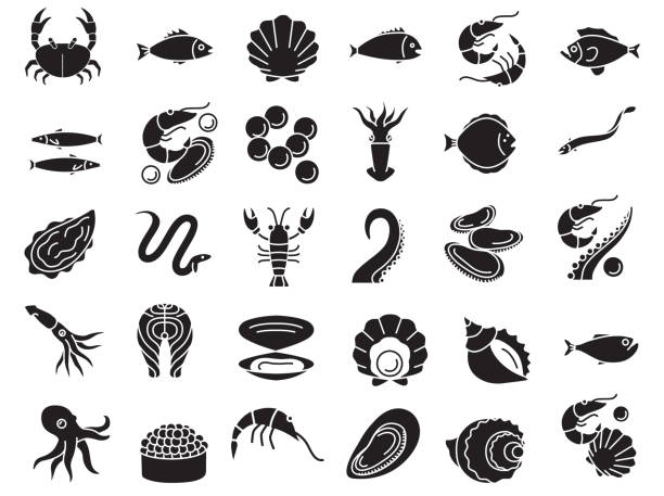 Comprehensive Seafood and Marine Life Icon Set in Solid Black, Featuring Various Sea Creatures and Shellfish A diverse collection of solid black icons representing seafood and marine life, including fish, crustaceans, mollusks, and other sea creatures. Perfect for use in seafood restaurant branding, culinary projects, and marine-themed designs. Vector illustration. fish farm icon stock illustrations