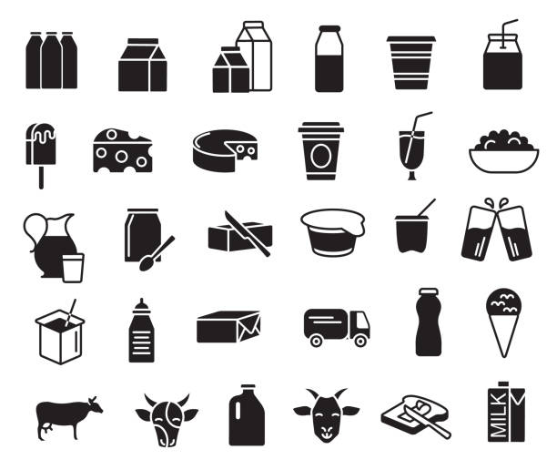 Dairy Products Icon Set, Featuring Milk, Cheese, and Yogurt Symbols A diverse collection of solid black icons representing various dairy products and related items. This set includes icons of milk bottles, cheese, yogurt, butter, and more, perfect for use in food industry designs, dairy-related applications, and nutritional content. Vector illustration. ice-cream-pack stock illustrations