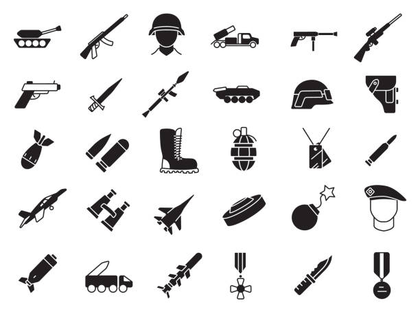 ilustraciones, imágenes clip art, dibujos animados e iconos de stock de conjunto de iconos de equipo militar y táctico - casco militar