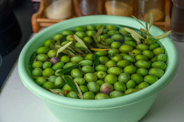 Green olives in liquid