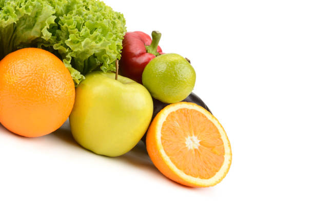 Healthy vegetables and fruit isolated on white background. There is free space for text.