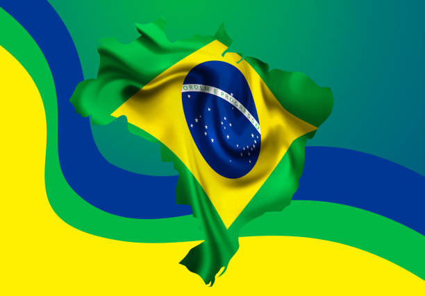 istock Brazilian flag waving over map of brazil background 2168398675