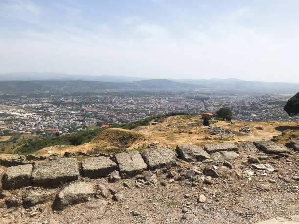 above view of Bergama city from ancient Pergamon site on sunny spring day, Turkey