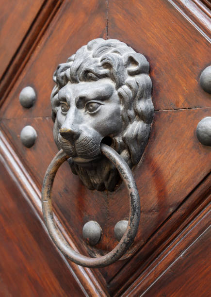 A metal piece shaped like a lion's head
