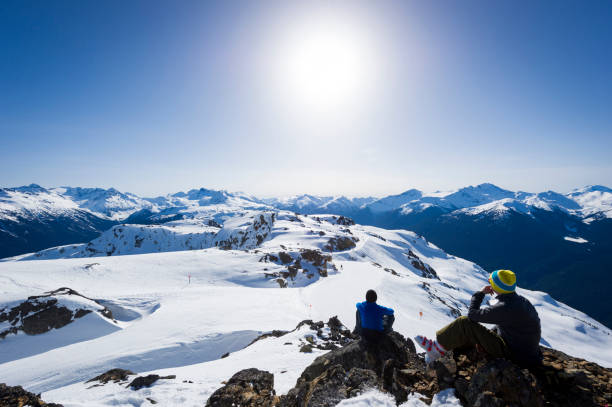 Skiing friends on mountain top
