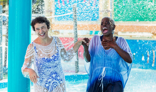 Friends taking selfies at a water park - point of view