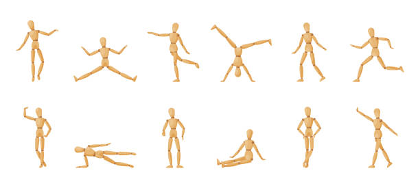 istock Wood man model. Dolls for artists with movable limbs. Wooden manikin different gestures and body actions. Marionettes snugly vector collection 2168433708