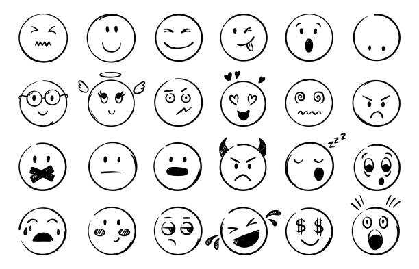 Doodle emoticons. Emotional faces hand drawn style. Different mood, happy confused angry crying surprised. Comic face neoteric vector clipart Doodle emoticons. Emotional faces hand drawn style. Different mood, happy confused angry crying surprised. Comic face neoteric vector clipart authors work drawing of the how to draw a crying face stock illustrations