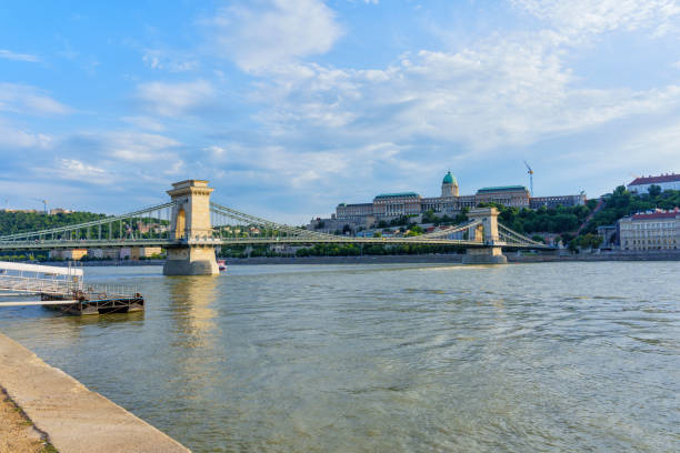 Budapest, Hungary - July 7, 2024: Chain Bridge and Buda Castle visible from the banks of the Danube River.