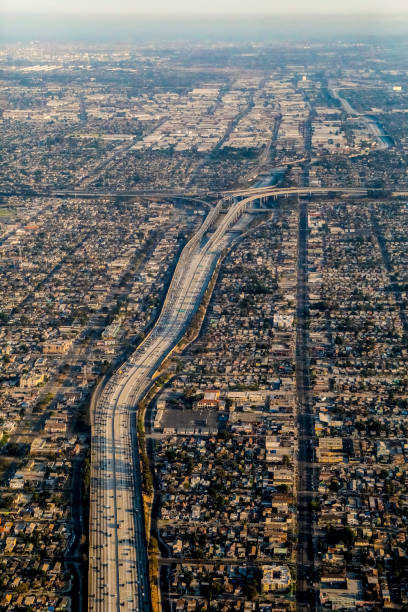 Aerial view of one of the world's largest interchanges in Los Angeles. Image is facing southbound.  Officially known as the Judge Harry Pregerson Interchange