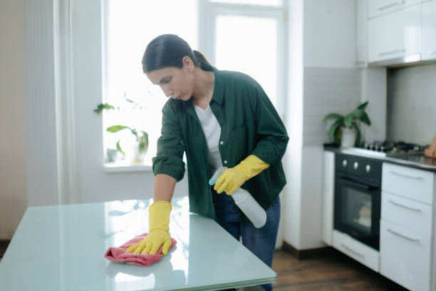 istock Young Lady with Gloves Washing Kitchen Table at Home 2168441809