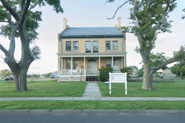 Sandy Hook, New Jersey - August 10, 2024: A view of the history house at Fort Hancock on a summers night