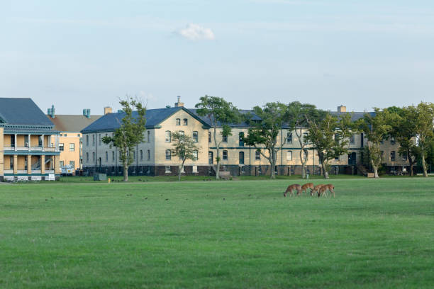 Crawford, United States – July 27, 2024: Historic brick houses in Fort Robinson State Park with trees and grass.