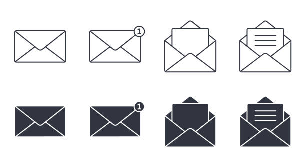 Vector icons letter mail. Check email, new message information. Email address, business correspondence and social media notification. Editable stroke thin line and black solid set Vector icons letter mail. Check email, new message information. Email address, business correspondence and social media notification. Editable stroke thin line and black solid set. letter envelope icon stock illustrations